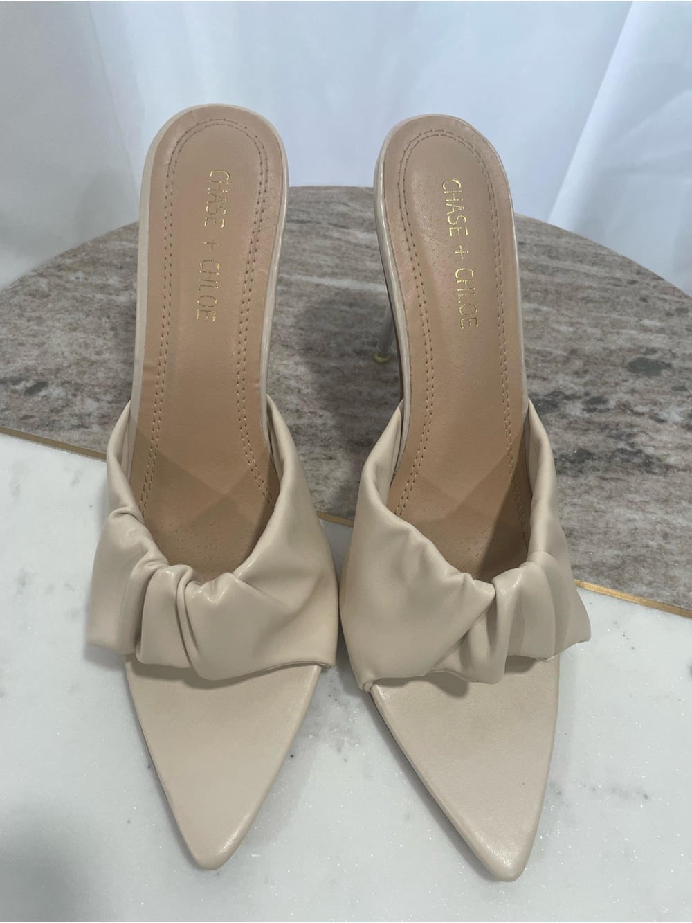 Chase + Chloe Neutral Knot-Front Pointed Toe Mules
